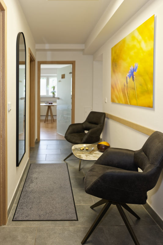 Ein Flur mit zwei schwarzen Stühlen, einem kleinen runden Tisch, einem rechteckigen Teppich, einem großen Wandspiegel und einem gelben Blumenbild an der Wand heißt Sie in der Physiotherapie Oberasbach willkommen.